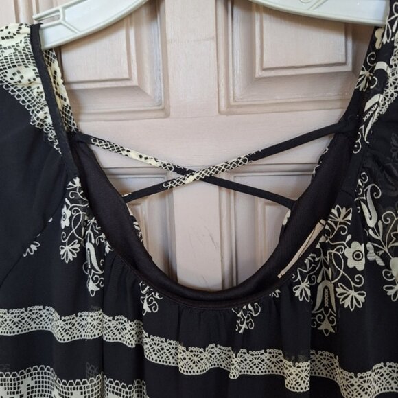 Millibon Dress Elastic Waist Black Geometric SzM Long Sleeves Cross Back Lined - Picture 4 of 12